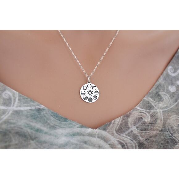 Sterling Silver Sun and Moon Phase Circular Pendant Necklace - Picture 1 of 4